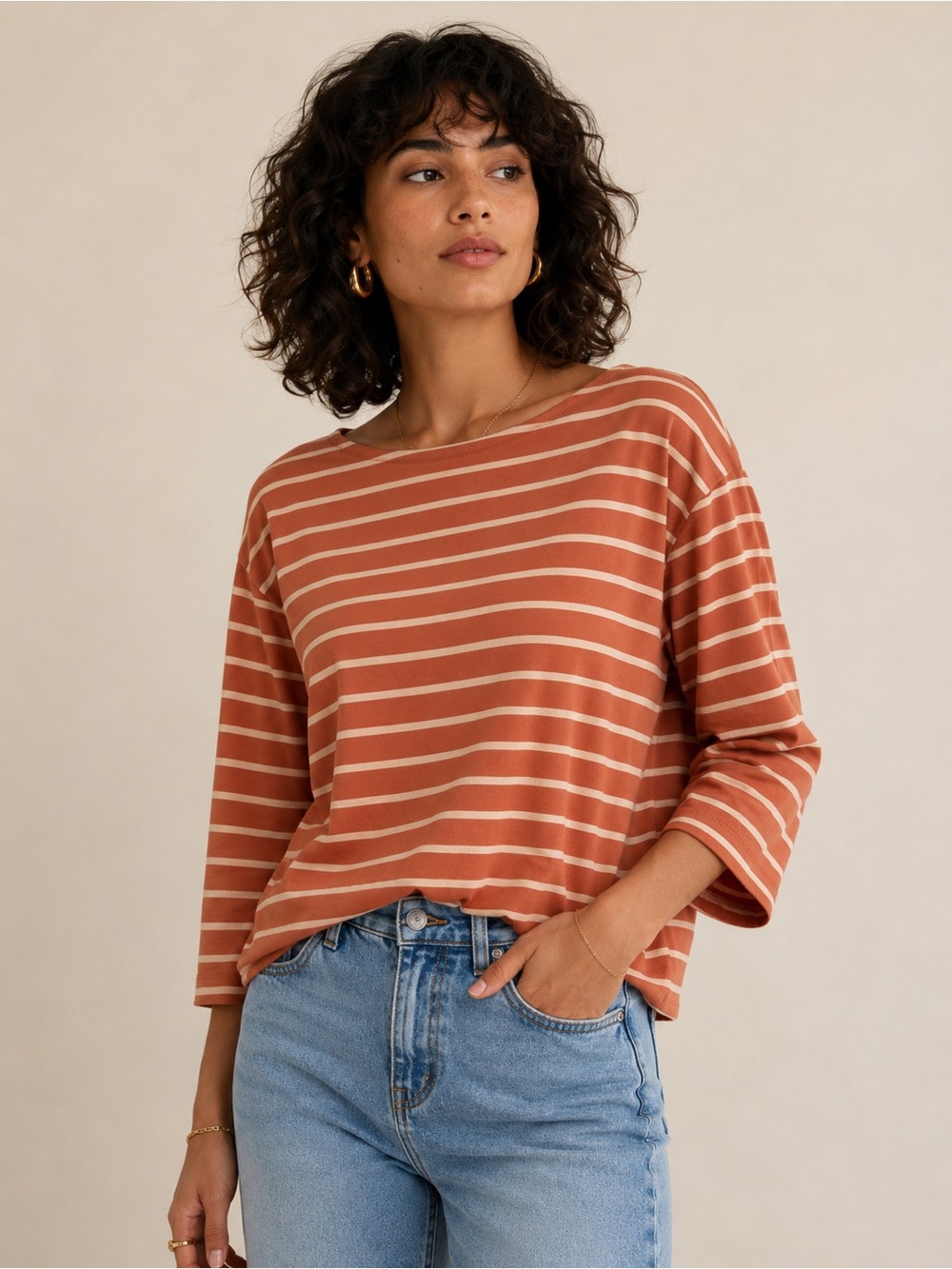 Madewell Rust and Cream Striped Boatneck Long Sleeve Tee